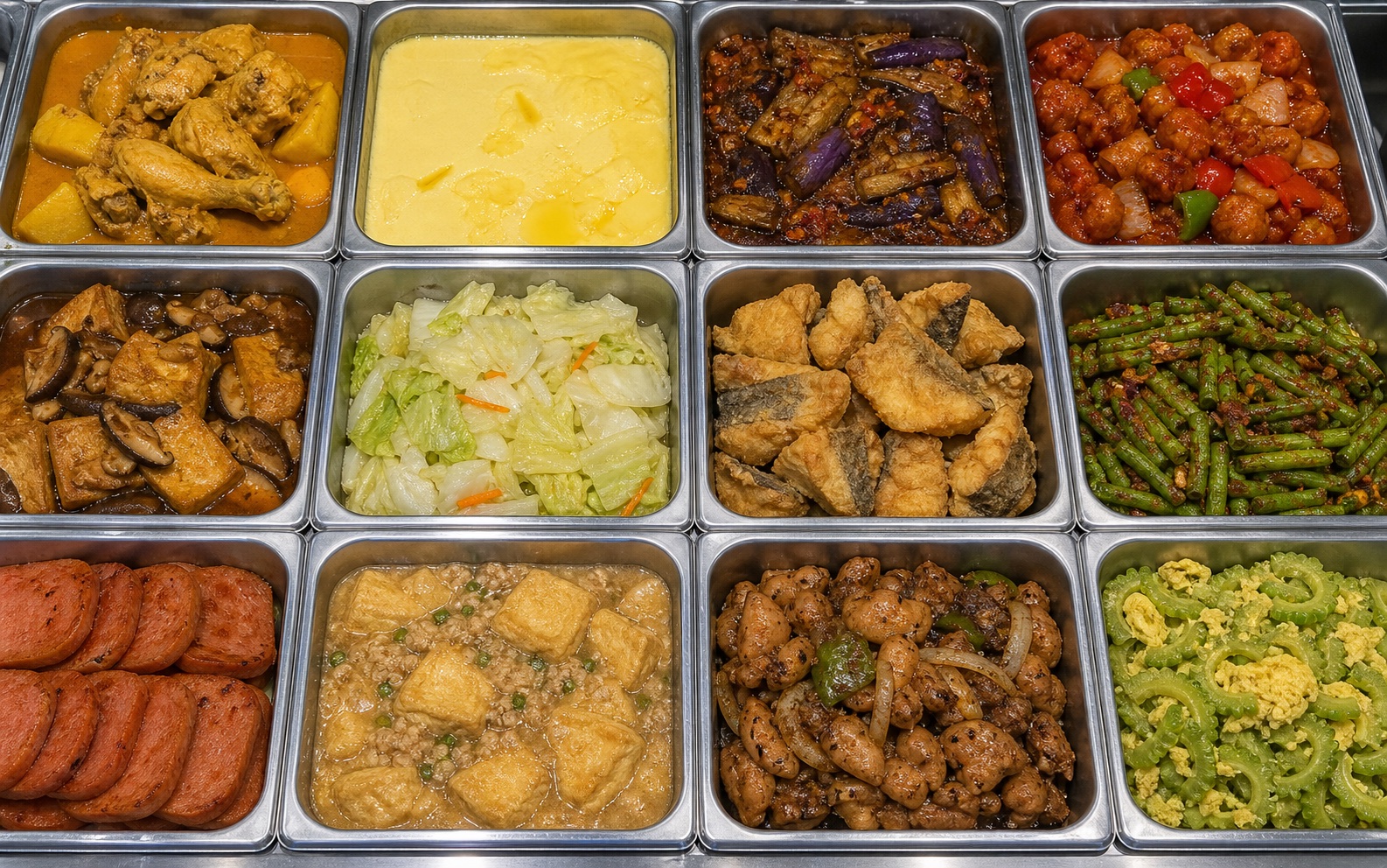 Twelve trays of cai fan dishes displayed at a Singapore economy rice stall