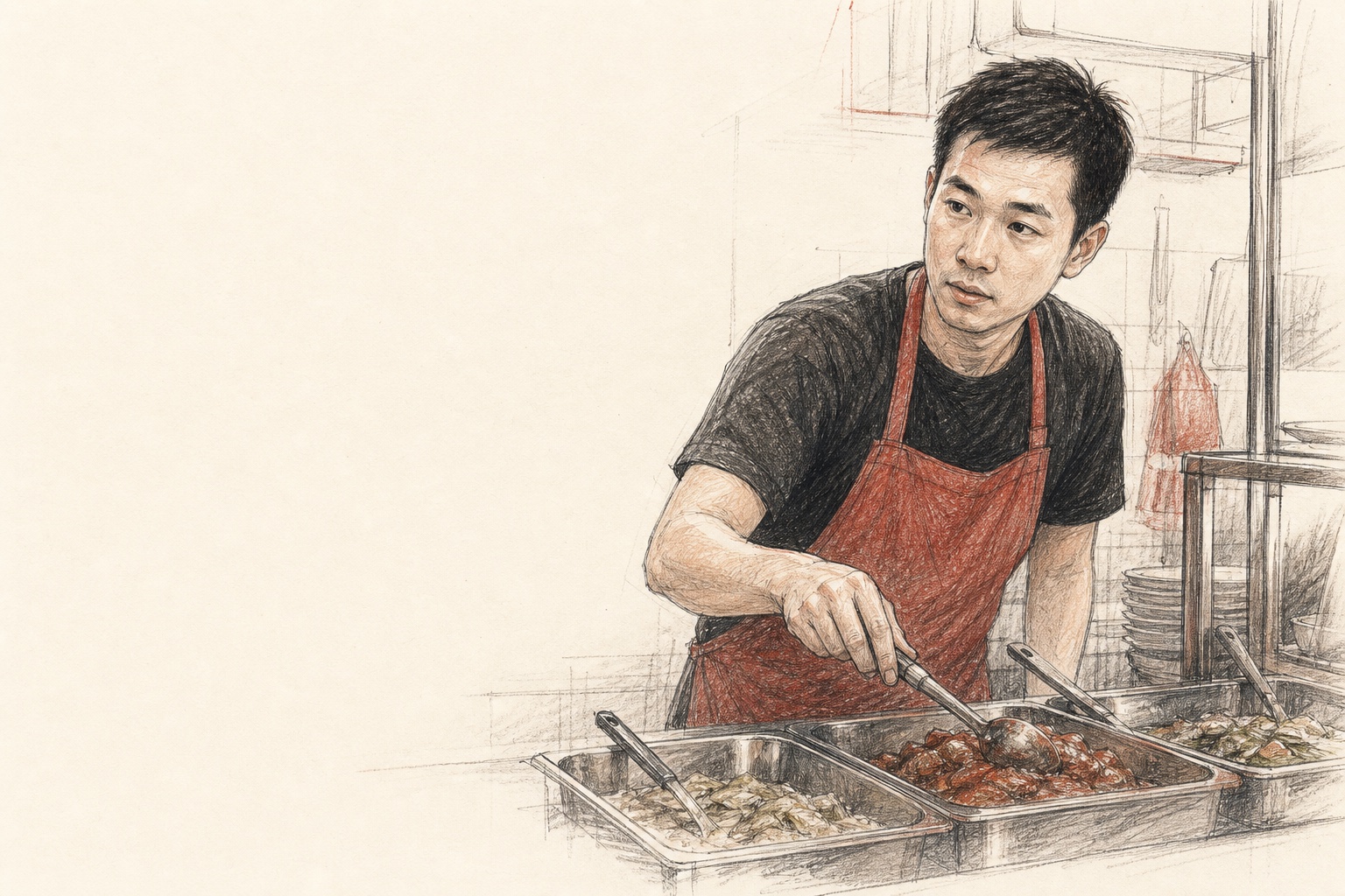 Sketch of a younger male cai fan stallholder serving dishes behind the counter