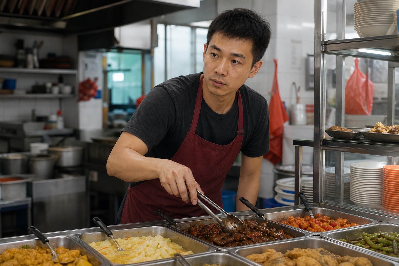 A younger male cai fan stallholder waiting to take your order
